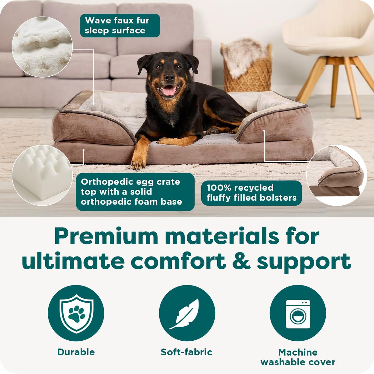 Orthopedic Dog Bed for Large Dogs W/ Removable Bolsters & Washable Cover, for Dogs up to 95 Lbs - Plush & Velvet Waves Perfect Comfort Sofa - Brownstone, Jumbo/Xl