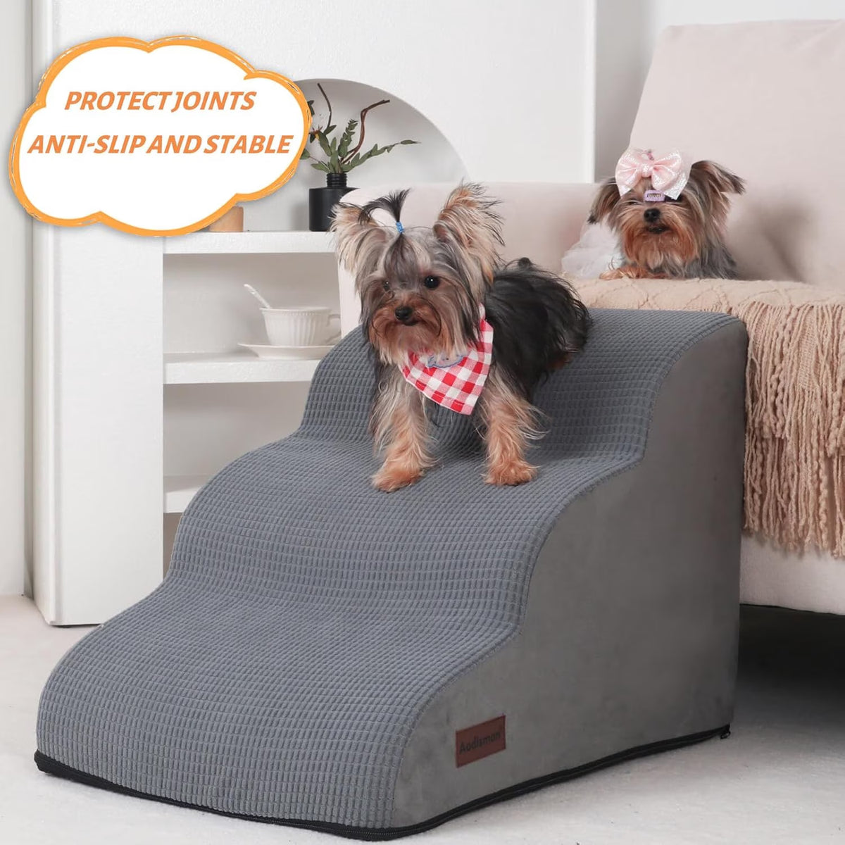3 Tiers Dog Ramp and Stairs for Beds or Couches - Non-Slip Sturdy Pet Steps - for Small Dogs to Get on High Bed