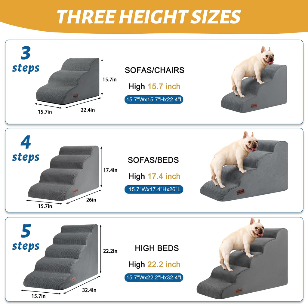 3 Tiers Dog Ramp and Stairs for Beds or Couches - Non-Slip Sturdy Pet Steps - for Small Dogs to Get on High Bed