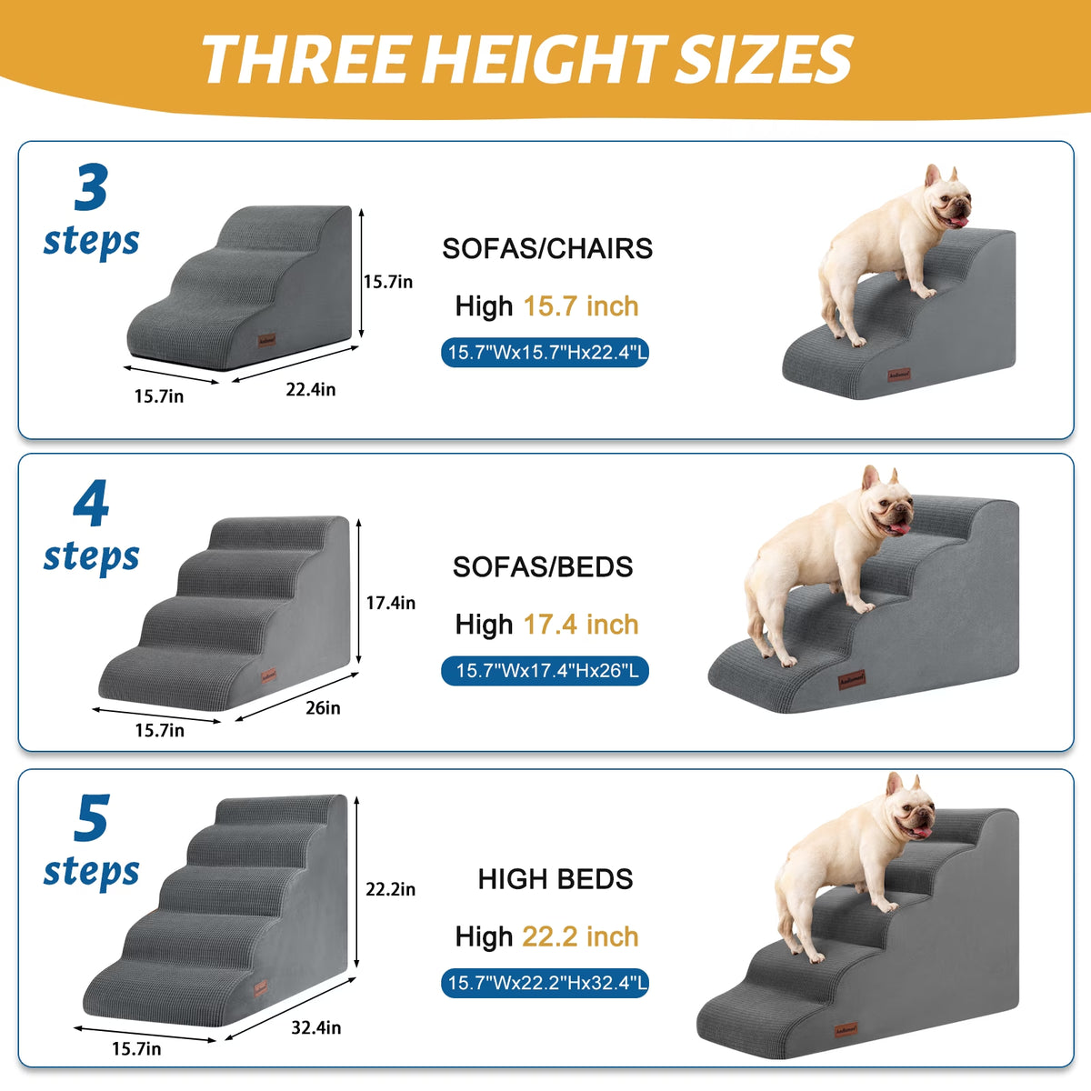 3 Tiers Dog Ramp and Stairs for Beds or Couches - Non-Slip Sturdy Pet Steps - for Small Dogs to Get on High Bed