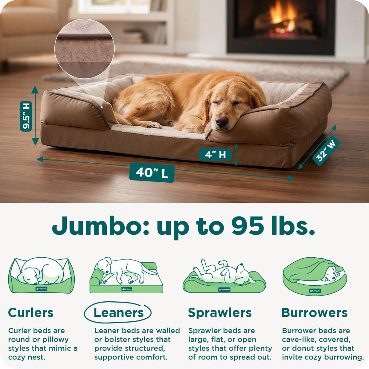 Orthopedic Dog Bed for Large Dogs W/ Removable Bolsters & Washable Cover, for Dogs up to 95 Lbs - Plush & Velvet Waves Perfect Comfort Sofa - Brownstone, Jumbo/Xl