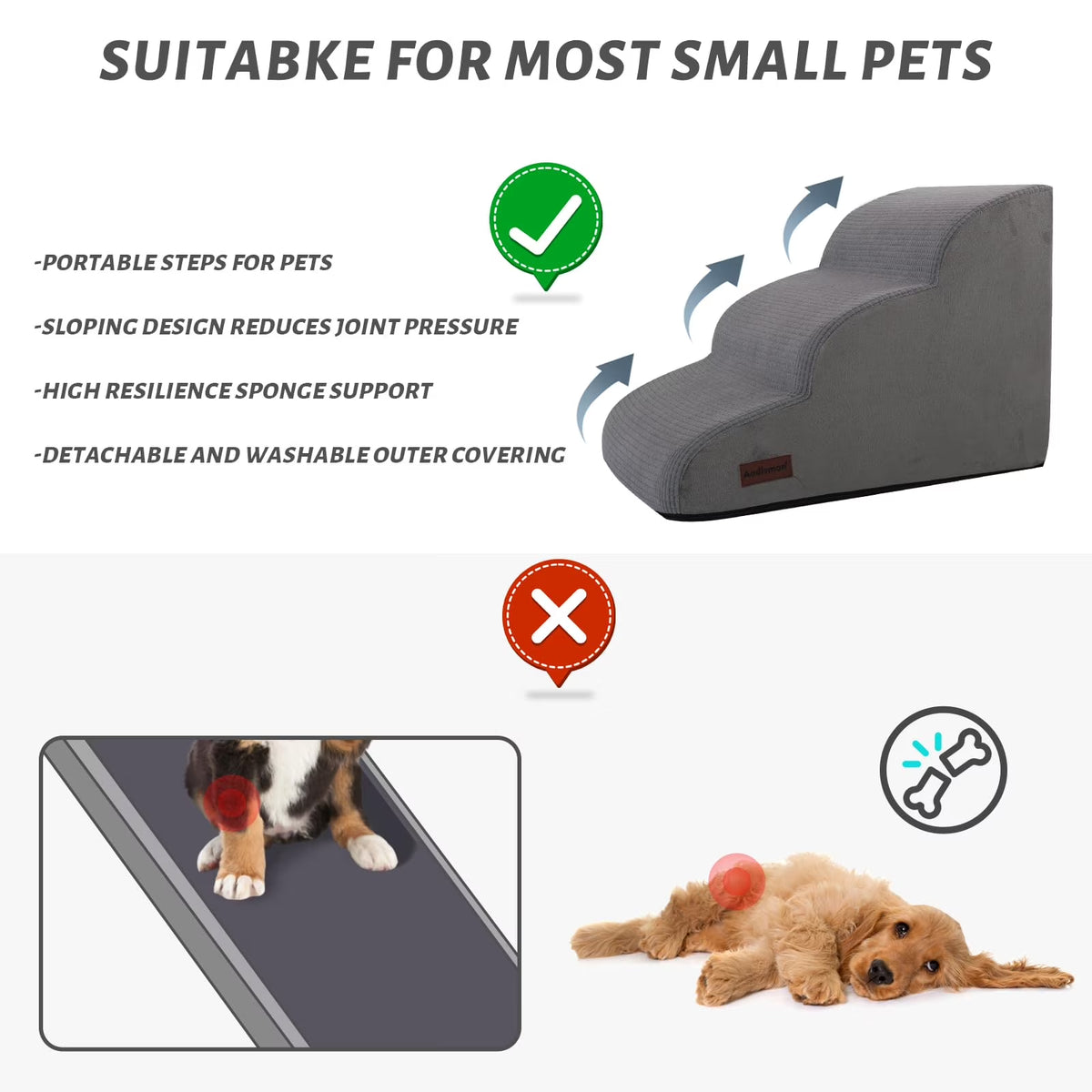 3 Tiers Dog Ramp and Stairs for Beds or Couches - Non-Slip Sturdy Pet Steps - for Small Dogs to Get on High Bed