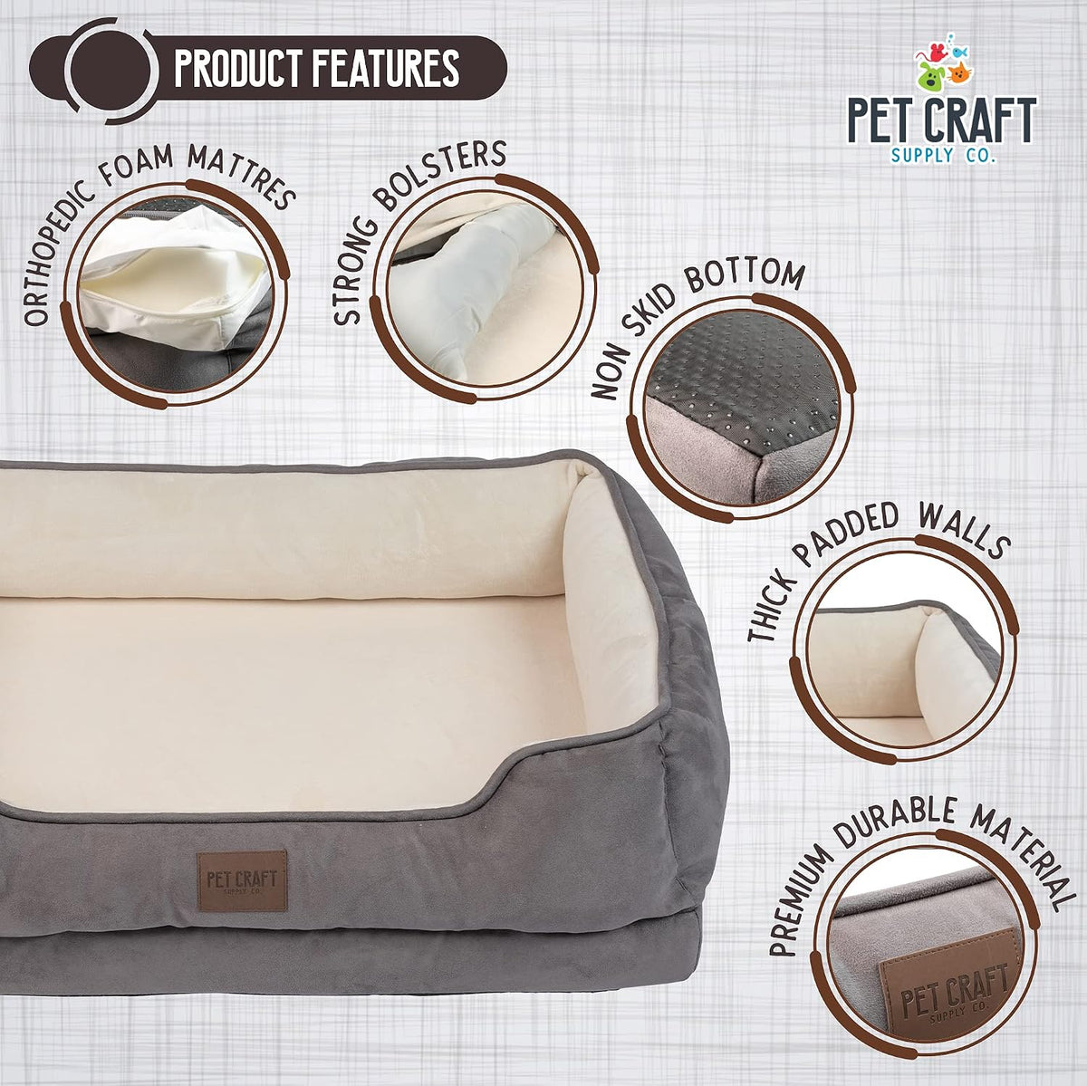 Premium Orthopedic Lounger Dog Bed Sofa Style Couch Removable Washable Cover Joint Arthritis Relief Bolster Headrest Pet Bed for Small Dogs Medium Large Breed Dogs, Cream (8730)